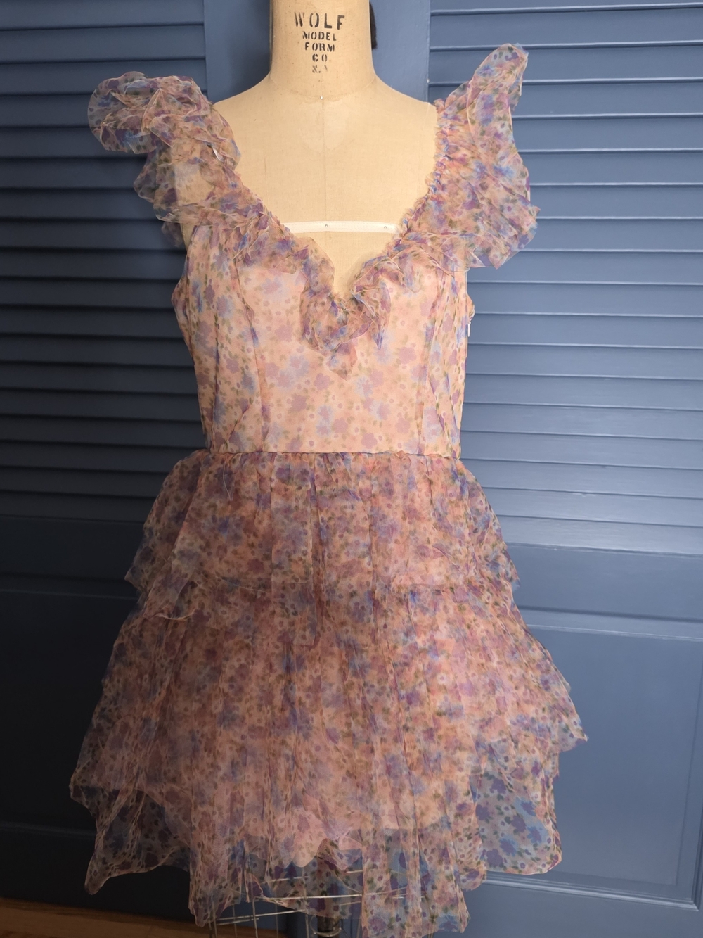 NWT Dixie DX Collection Tulle Tiered Mini Babydoll Dress Floral L